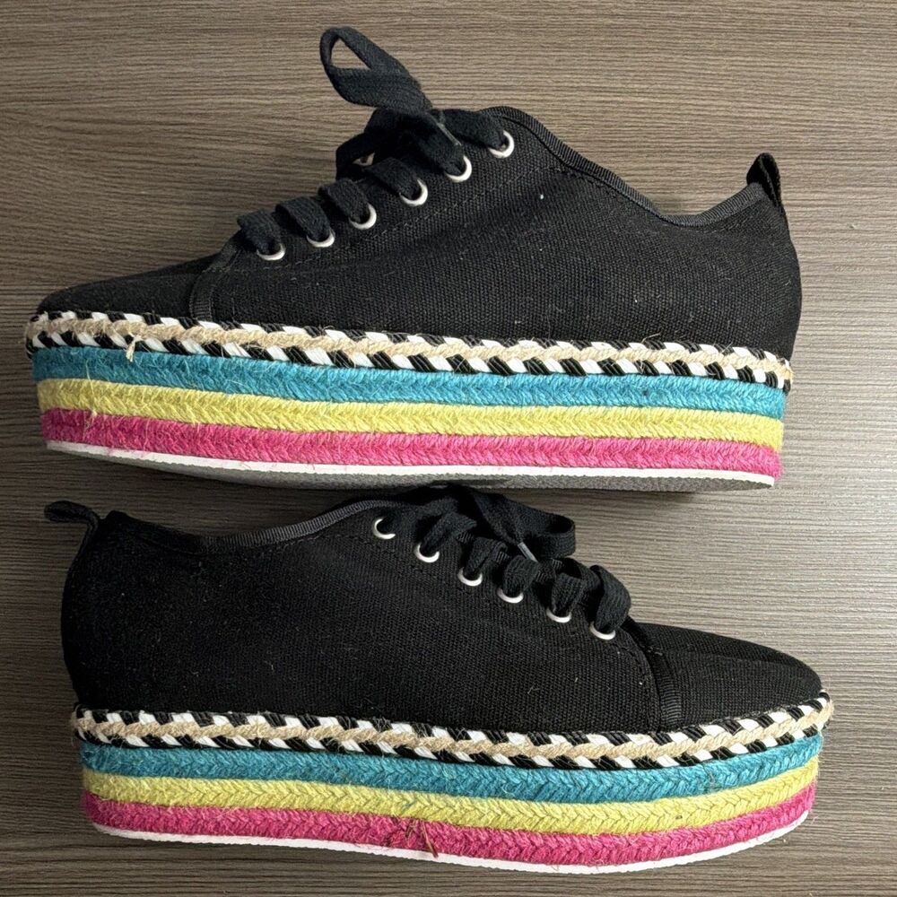 Betsey Johnson Black Canvas Lace Up Low Top Platform Sneakers Braided Sole - Picture 6 of 7